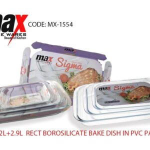 The Set of 3 Rectangle Baking Dishes MX1554 includes three baking dishes with capacities of 1.5 liters, 2.2 liters, and 2.9 liters. Each dish comes with dotted handles for easy...