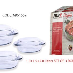 The Set of 3 Round Casserole Dishes with Lids includes three different sizes: 1.0L, 1.5L, and 2.0L. Model number MX1559 suggests that these casserole dishes are designed for...