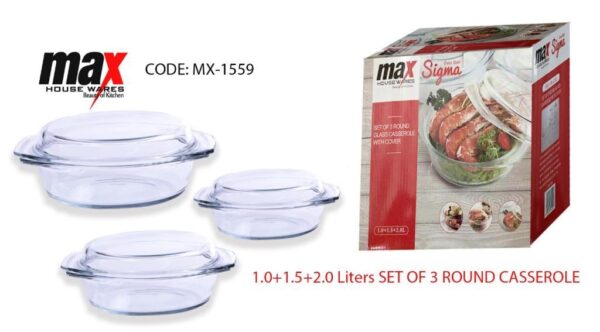 The Set of 3 Round Casserole Dishes with Lids includes three different sizes: 1.0L, 1.5L, and 2.0L. Model number MX1559 suggests that these casserole dishes are designed for...