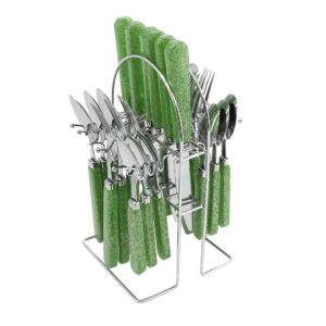 The SQ Durane Metal Cutlery Set of 24 in Green Glitter (model 10731 A) is likely a stylish and decorative cutlery set ideal for adding a touch of flair to your dining table....