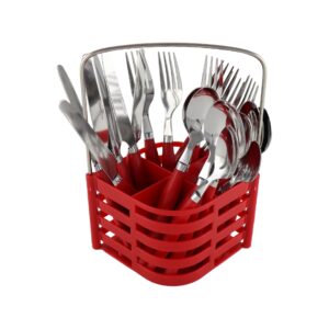 The SQ Durane Metal Cutlery Set of 24 in Red, model number 10734 A, likely refers to a set of eating utensils that includes items like forks, knives, and spoons, totaling 24...