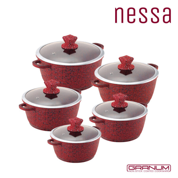 The SQ Nessa Granum Stockpot Set of 5 in Jhansi Red seems to be a cookware set that likely includes five stockpots of varying sizes. The numbers "2473 / 5775" could refer to...