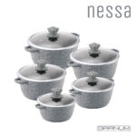 The SQ Nessa Granum Stockpot Set of 5 in Serizzo Grey (model number 5773) is a set of cookware that typically includes five stockpots of varying sizes. The "Big Parcel Rate"...