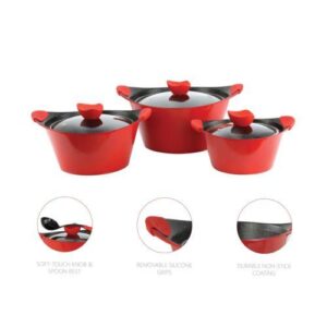 The SQ Pro Caia 3 Pack Die Cast Stock Pot set includes three stock pots in sizes 20cm, 24cm, and 28cm, all in a red color. The model number for this set is P97101/7423. These...