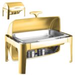 The SQ Professional Banquet Chafing Dish with a Roll Top Oblong Gold design is a functional and elegant serving solution, ideal for buffets, catering events, and banquets. With...