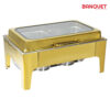 The SQ Professional Banquet Chafing Dish with Flat Top and Window Double Compartment is an oblong gold chafing dish designed for serving food at events or buffets. It features...