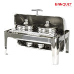 The SQ Professional Banquet Chafing Dish with Roll Top and 2 Soup Pots is a catering item designed for serving food at events or buffets. It features an oblong silver design and...
