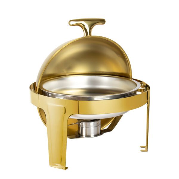 The SQ Professional Banquet Chafing Dish with Roll Top is a round, gold-finished serving dish with a capacity of 6.5 liters. Its model number is 10855. This chafing dish is...