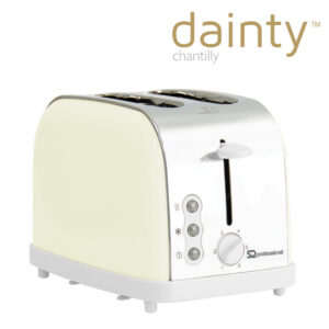 The SQ Professional Dainty 2 Slice Toaster (model Chantilly 7927) is a kitchen appliance designed for toasting bread. It features a 900W power output, which allows for efficient...