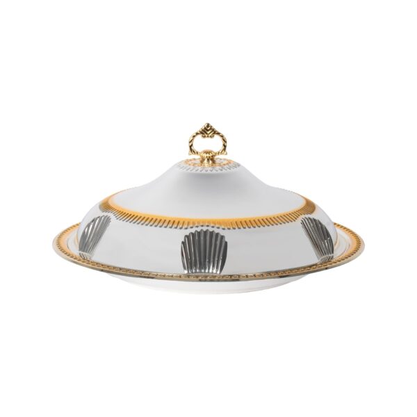 The SQ Professional Durane Ornate Party Food Serving Cloche with Tray is a stylish and functional serving accessory. The product is silver in color and features a round design...