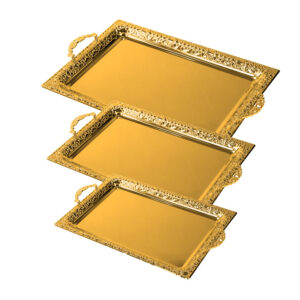 The SQ Professional Durane Ornate Party Serving Tray Gold 5946FG Set of 3 is a set of serving trays designed for entertaining and parties. This set includes three oblong trays...