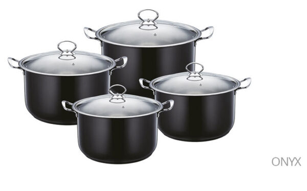 The SQ Professional Gems Metallic Stockpot Set of 4 in the Onyx 2431 design is a set of cooking pots likely designed for home use. The set includes four stockpots, which are...