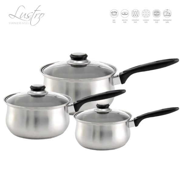 The SQ Professional Lustro Stainless Steel Saucepan Set of 3 in Black (model number 10658) is a set of saucepans designed for cooking various dishes. Made from stainless steel,...