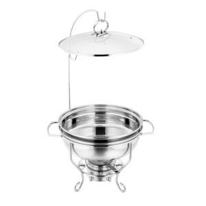 The SQ Round Banquet Buffet Chafing Dish with a Glass Lid (Model 10853) is designed for serving and keeping food warm at events or gatherings. It has a capacity of 6 liters,...