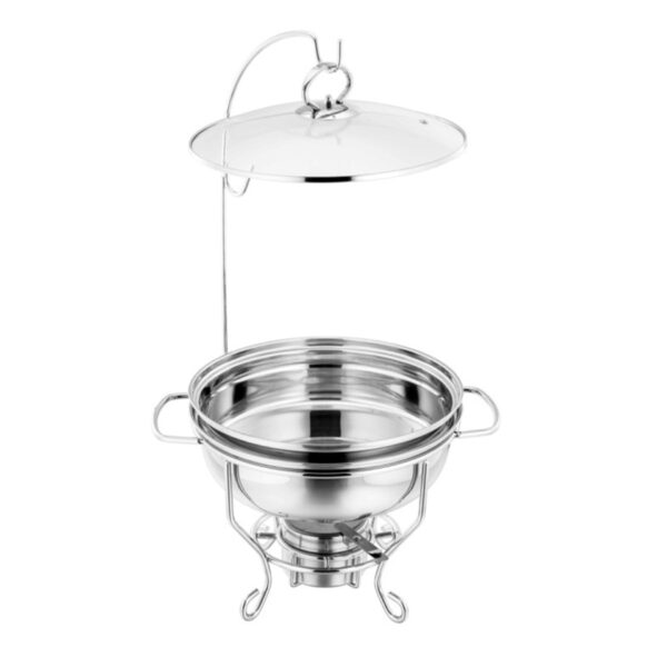 The SQ Round Banquet Buffet Chafing Dish with a Glass Lid (Model 10853) is designed for serving and keeping food warm at events or gatherings. It has a capacity of 6 liters,...