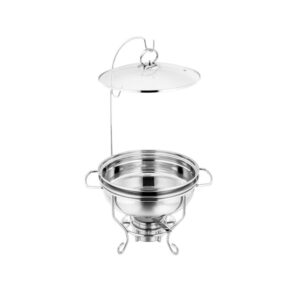 The SQ Round Banquet Buffet Chafing Dish with a Glass Lid, model number 10851, is a serving dish designed for keeping food warm during events or buffets. It has a capacity of...