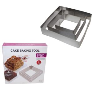 The Stainless Steel Cake Baking Tool 3 Pack includes three square baking pans of varying sizes: large, medium, and small. These pans are made from durable stainless steel, which...