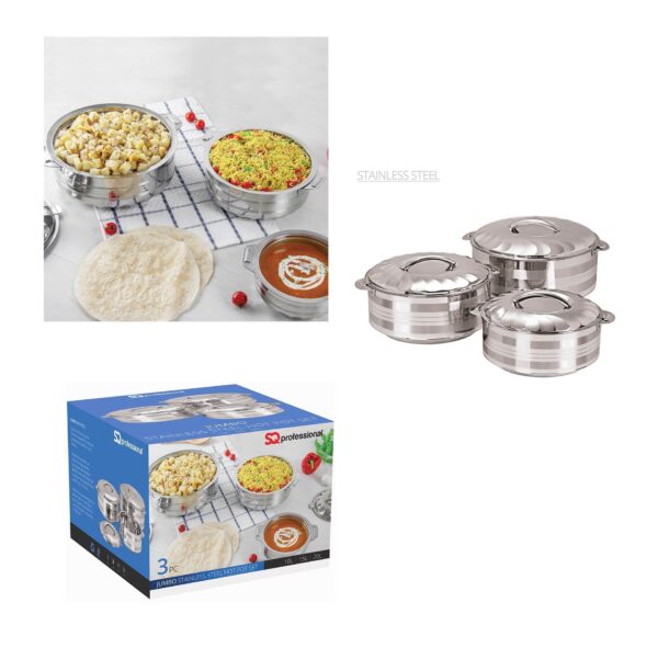 The Stainless Steel Curry Large HOT POT Jumbo Set is a quality kitchenware set that includes three pots. These pots are designed to keep your food hot for extended periods,...