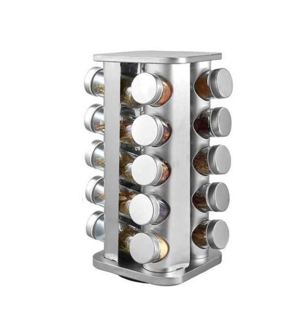 The Stainless Steel Rotating Spice Jar Rack is a convenient kitchen accessory designed to organize and store spices efficiently. This particular model can hold up to 20 jars,...