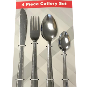 The "Steel Kitchen Dining Cutlery Set of 4 BB3055 A" appears to be a set of dining utensils made from steel, likely including items such as forks, knives, spoons, or similar...