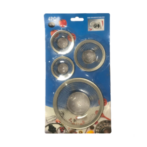 The Steel Mesh Sink Drainer Catcher Set of 4 in assorted sizes is a practical kitchen accessory designed to prevent food particles and debris from clogging your sink drains....