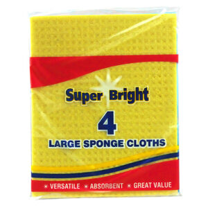 The "Super Bright Sponge Cloths 4 Pack Large - Case of 10" typically refers to a bulk package containing 10 cases, each with 4 large sponge cloths, making a total of 40 cloths....