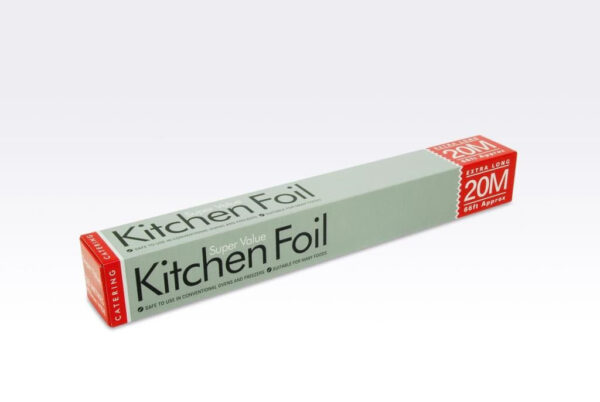 The "Super Value Aluminium Kitchen Foil 450mm x 20m JR4520RLN / SV20 A" refers to a roll of aluminum kitchen foil that is 450 millimeters wide and 20 meters long. This product...