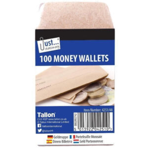 The Tallon Money Wallets, sized at 70 x 105mm, typically come in a pack of 100. These wallets are often used for securely storing cash, coins, or small valuable items. They are...