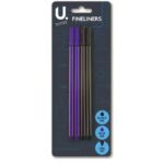 This appears to be a description for a set of fineliner pens designed for school, art, and crafts. The set includes four pens in total: two black and two blue. The product code...