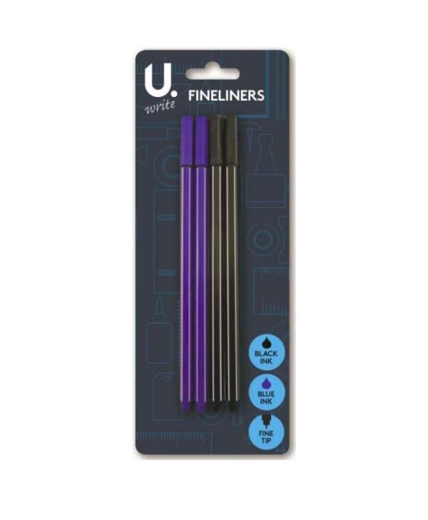 This appears to be a description for a set of fineliner pens designed for school, art, and crafts. The set includes four pens in total: two black and two blue. The product code...