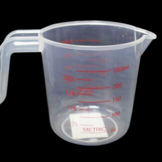 This appears to be a description of a household item, specifically a small plastic measuring jug with a capacity of 250ml. The details suggest it is designed for metric...