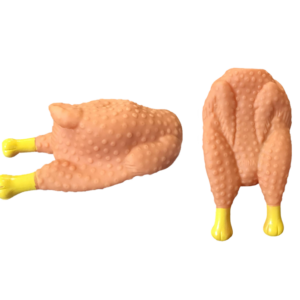 This appears to be a description of a pet dog toy designed to resemble a rotisserie roast chicken. It is made of silicone and includes a squeaker for added entertainment for...