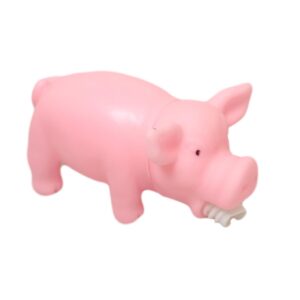 This appears to be a description of a pet dog toy, specifically a squealing pig toy designed for chewing and fetch activities. The dimensions of the toy are 14 x 8 cm, and it...