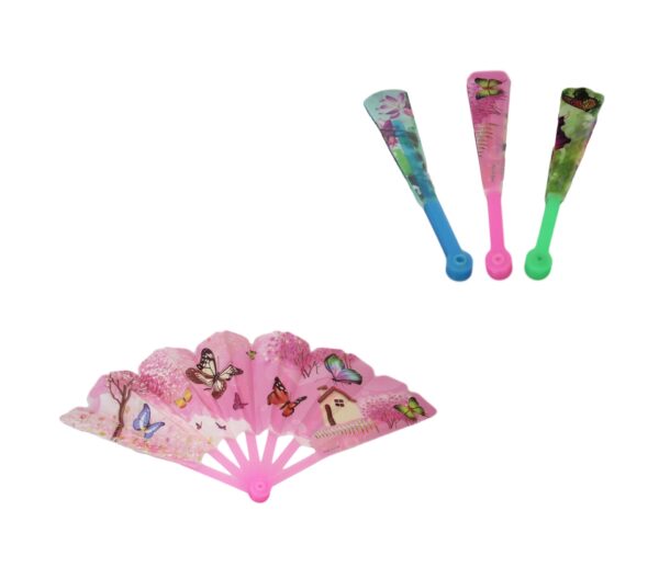 This appears to be a description of a plastic Chinese folding hand fan featuring a butterfly and floral design. The fan measures 24 x 42 cm and comes in assorted designs. The...