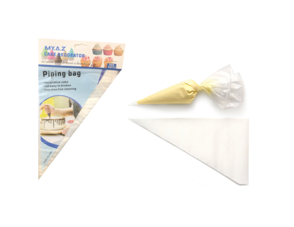 This appears to be a description of a product listing for a pack of 50 medium-sized cake decorating icing piping bags. The bags measure 30 cm by 20 cm. The number "7633" could...