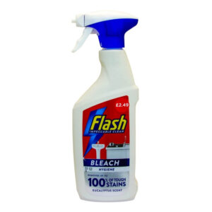 This appears to be a product listing for a cleaning product. It's a case of Flash Spray with Bleach, each bottle containing 500ml, and the price marked on each product (PMP -...