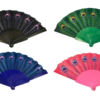 This is a description of a plastic Chinese folding hand fan. The fan features a printed design of peacock feathers. It measures 23 x 38 cm and is available in assorted colors....