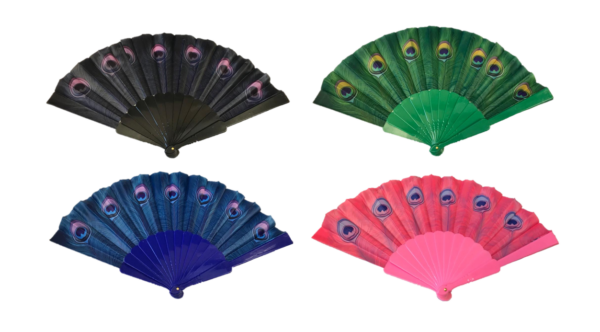 This is a description of a plastic Chinese folding hand fan. The fan features a printed design of peacock feathers. It measures 23 x 38 cm and is available in assorted colors....