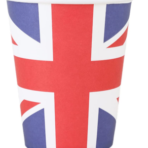 This is a product listing for a pack of 8 paper cups designed for celebrating the coronation of King Charles III. The cups feature a traditional Union Jack design, which is the...