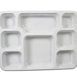 This is likely a product description for a pack of disposable white plastic plates. The plates are divided into 8 sections, allowing for separation of different foods, which...