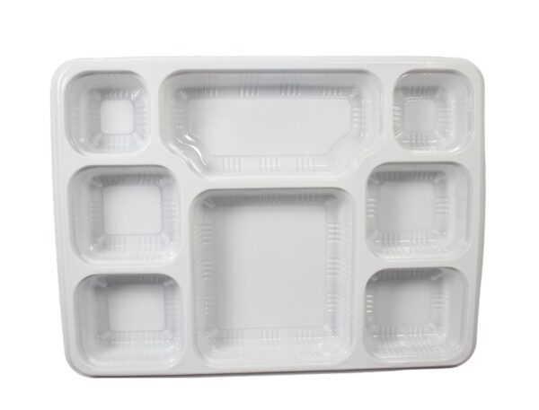 This is likely a product description for a pack of disposable white plastic plates. The plates are divided into 8 sections, allowing for separation of different foods, which...