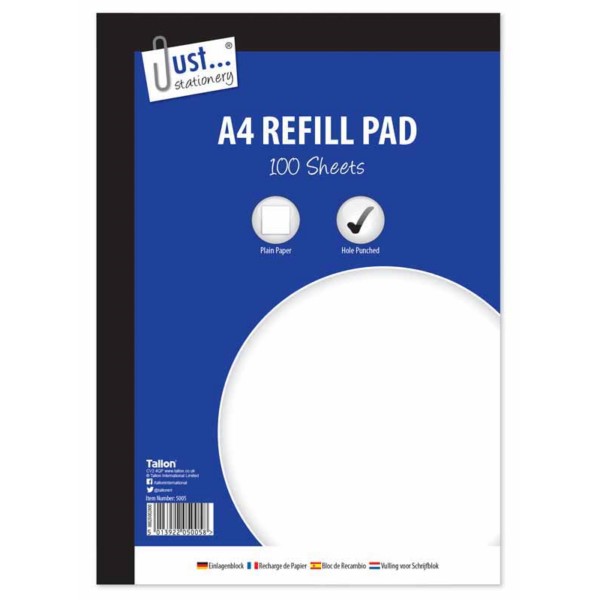 This product appears to be a case of A4 plain refill pads, each containing 100 sheets with a weight of 53 gsm (grams per square meter). The sheets are side bound, which means...