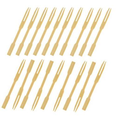 This product appears to be a pack of 100 mini wooden bamboo food picks, forks, or skewers, each measuring 9 cm in length. These are likely designed for use with appetizers,...