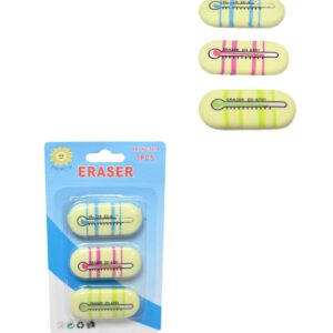 This product appears to be a pack of three stationary school erasers, each with a thermometer theme. The erasers measure 5 x 0.5 cm and come in assorted colors. The description...