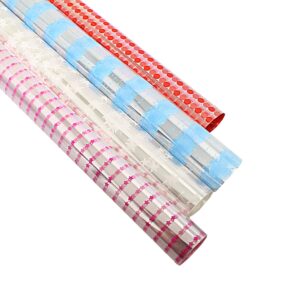 This product appears to be a roll of colorful, clear, transparent cellophane used for wrapping gifts or bouquets. The wrap comes in assorted designs and colors, providing a...