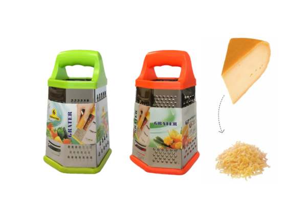 This product is a large, 6-sided hexagon-shaped metal cheese shredder grater. It measures 11.5 x 13 x 22 cm and comes in assorted colors. The item is identified with the code...