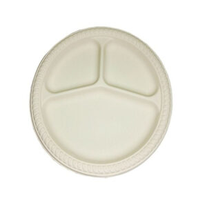 This product is a set of disposable plastic plates featuring three compartments. Each plate measures approximately 10 inches (or 25 centimeters) in diameter. The pack contains...