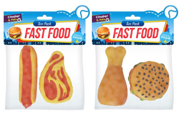 This product is a set of pet dog toys designed to resemble fast food items, and it comes in a pack of two with assorted designs. Each toy is equipped with a squeaker, adding an...