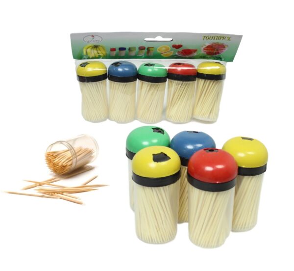 This product is a set of plastic toothpick holders that come with toothpicks. The set includes five holders, each in assorted colors, and is identified by the model number 5354....