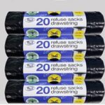 TIDYZ Heavy-Duty Black Trash Bags with Drawstring, 50L, Pack of 20